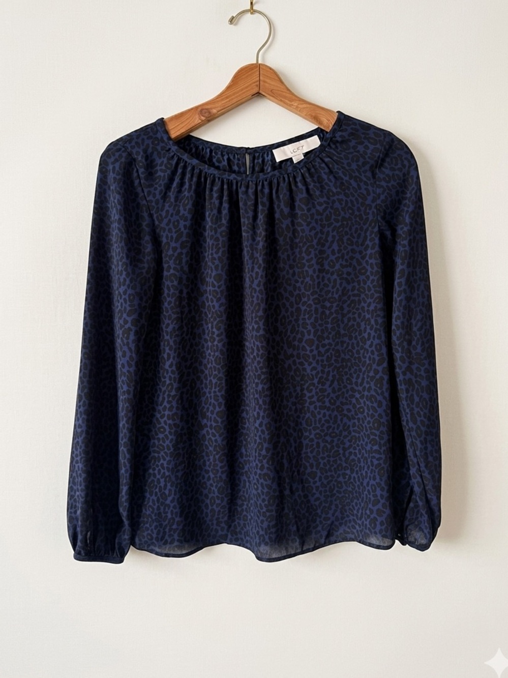 Loft Navy Leopard-Print Long Sleeve Blouse, XS